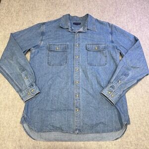 Lands End Mens Blue Denim Jean Long Sleeve Button Up Work Shirt Size L Stitch